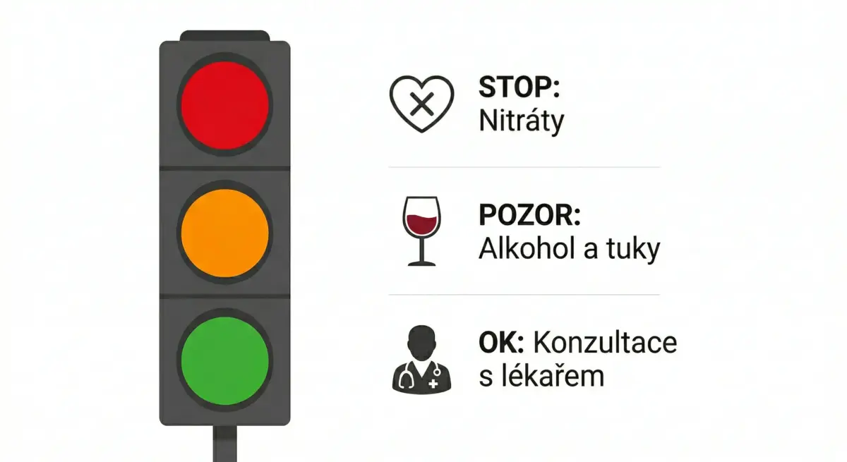 Bezpečnostní semafor kontraindikací pro Kamagra Oral Jelly: vizuální přehled zákazů (nitráty, srdeční vady), varování (alkohol, tuky) a bezpečného užívání sildenafilu.