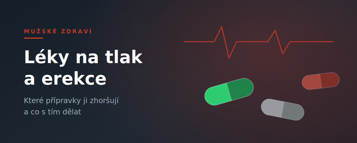 Tři barevně odlišené tablety a křivka krevního tlaku znázorňující vliv antihypertenziv na erekci